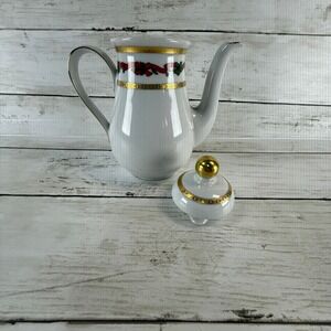 Mitterteich Bavaria Christmas Coffee Pot White Porcelain Gold Trim Holly Ribbon